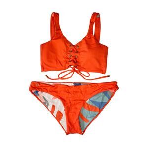 Maaji 4 Way Reversible Lace Up Bikini Swimsuit Set Orange Coral Print M/S